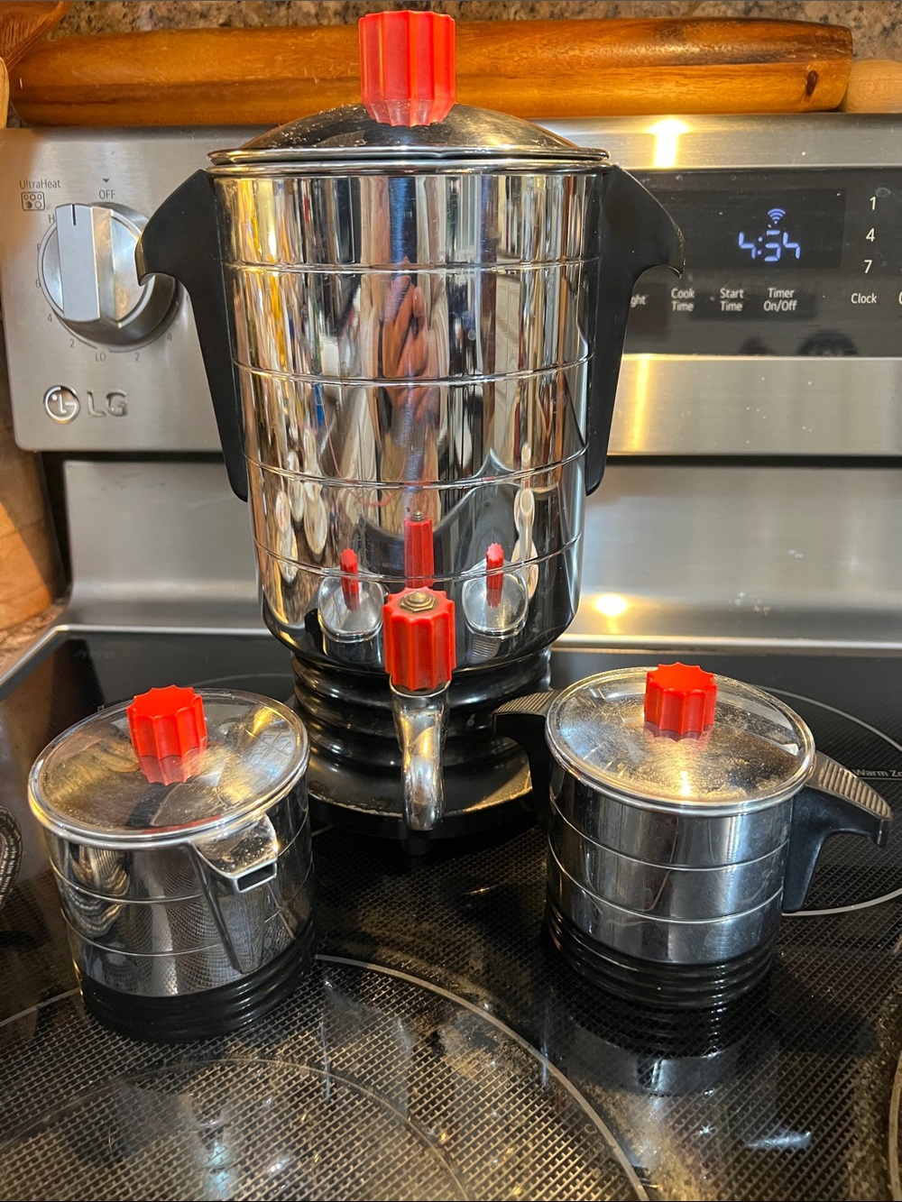 General Electric Stainless Steel Coffee Machine  Red Accent Handles Percolator